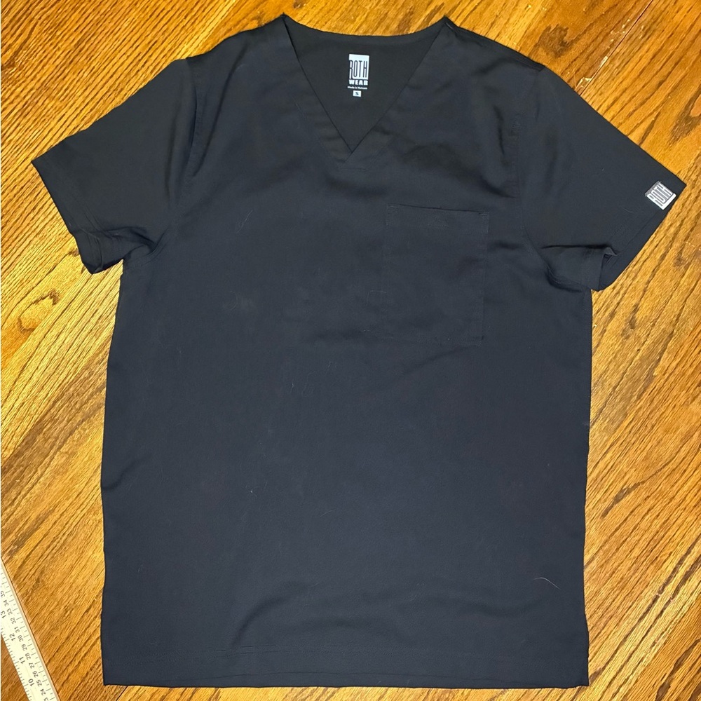 Roth Wear Mens Scrub Top Black V-Neck Chest Pocket‎ Medical Uniform Size Small